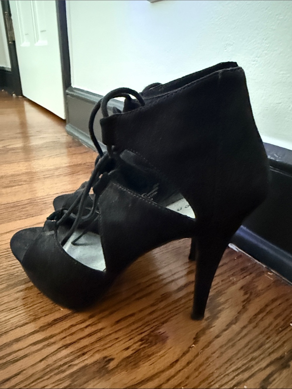 Madden Girl Black Suede Lace-Up Cutout Stiletto Heels